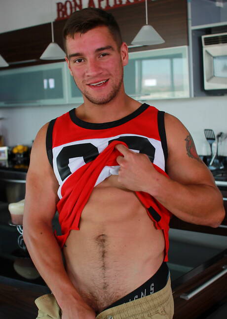 Hot american boys strongman Jordan Boss and hunky guy Mike Maverick fuck ass after interracial blowjob in the kitchen