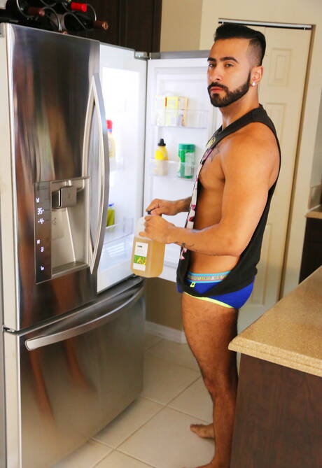 Puerto rican stud Rikk York and american hunky guy Johnny Hazzard have a good anal sex in the kitchen