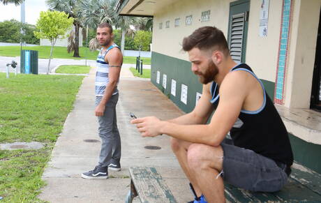 Two american dudes hairy stud Tommy Defendi and muscular Braxton Smith fuck ass after sucking cock outdoor