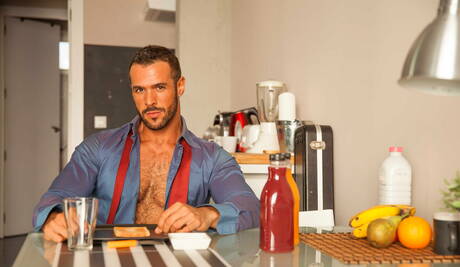 Latino beefcake Flex and latin hairy bear Denis Vega in hot homosexual scene in kitchen