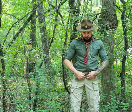 Famous americans, beefy Dolf Dietrich and young dude Jack Bailey love each other outside