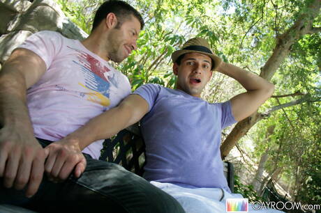 Beefcake Aiden Morgan and american hunk Tristan Jaxx make a love outside