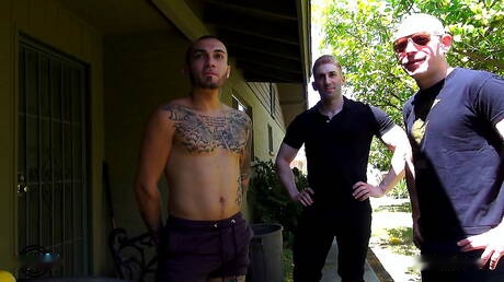 Sexy americans, strongman Matthew Grande and muscular Sir Jet fuck ass after sucking outside