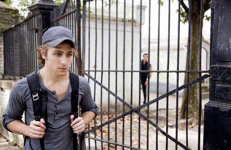 Adam Ramzi,Calvin Banks,Carter Dane,Jacen Zhu,Levi Karter and Sean Ford posing outdoors and sucking each other