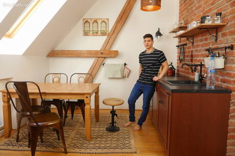 Latino well-built Bastian Karim posing naked and showing hot butt in the kitchen